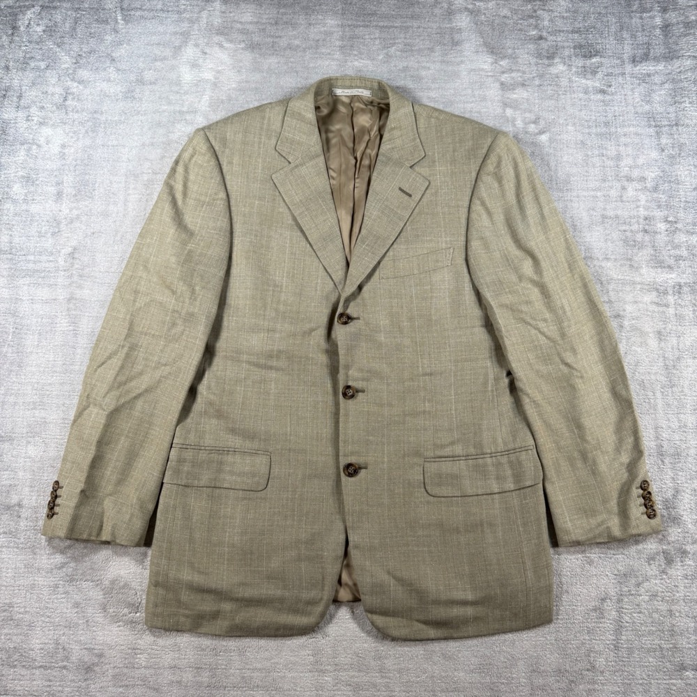 Ermenegildo Zegna Blazer Mens 48R Tan Wool Silk Linen Plaid Sport Coat Italy